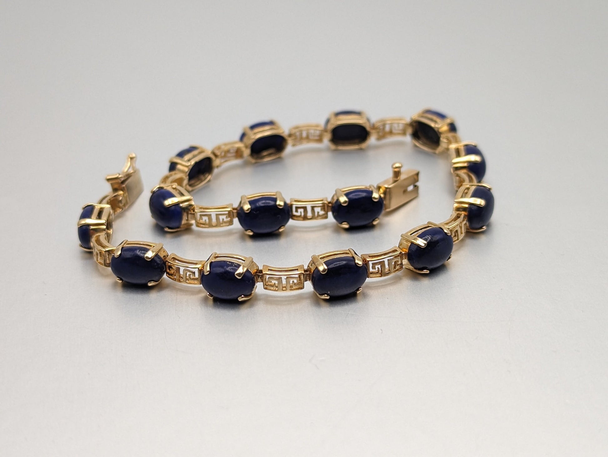 14kt Yellow Gold & Lapis Lazuli Oval Cabochon Greek Key Tennis Bracelet. 14kt Lapis Yellow Gold Bracelet.