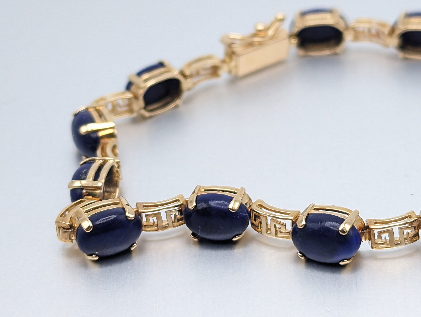 14kt Yellow Gold & Lapis Lazuli Oval Cabochon Greek Key Tennis Bracelet. 14kt Lapis Yellow Gold Bracelet.