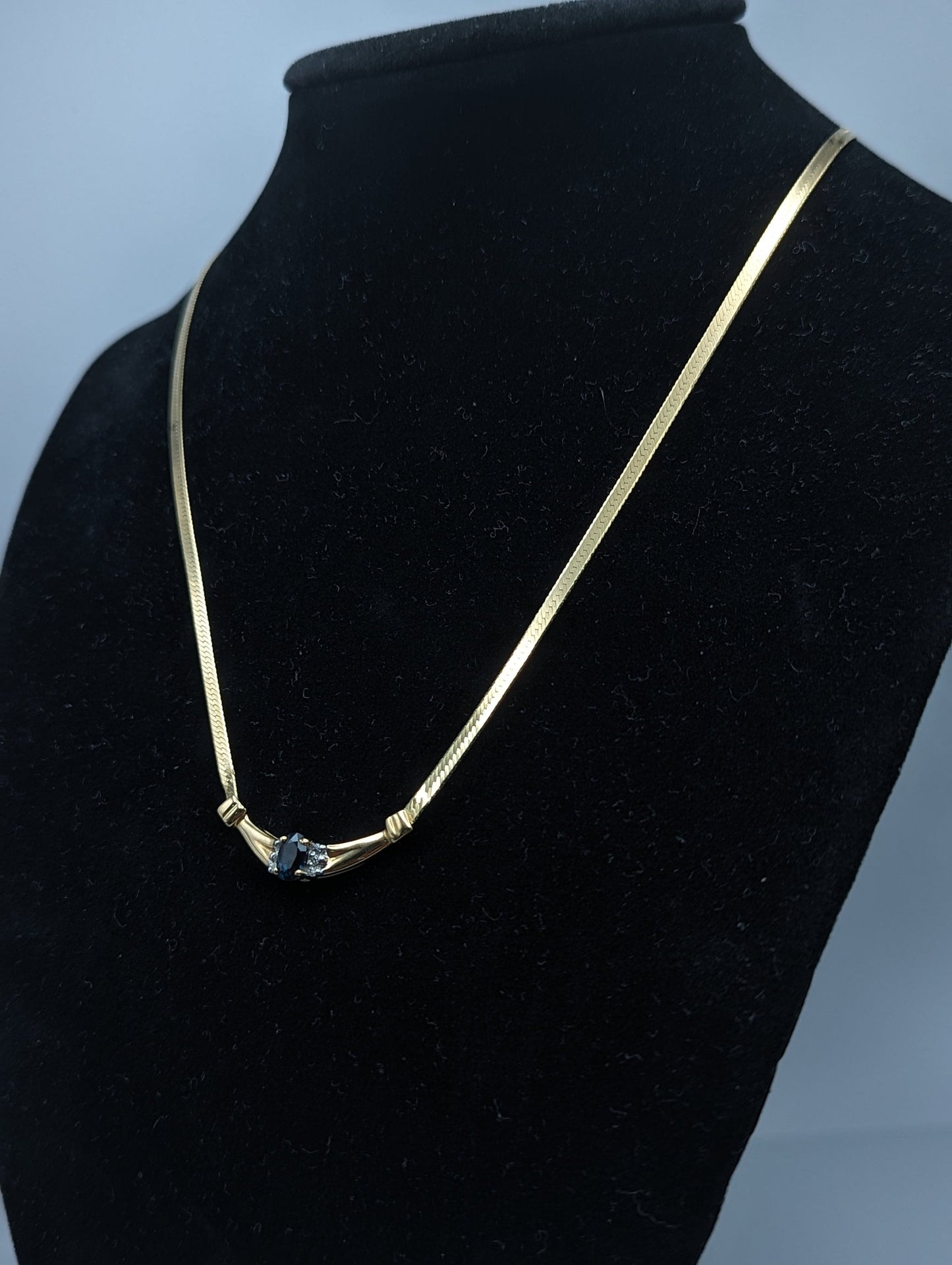 14k Italy HerringBone Blue Sapphire Diamond Necklace Chain. 14k Herring Bone Sapphire Chain 18 Inch. 14k Yellow Gold Chain.