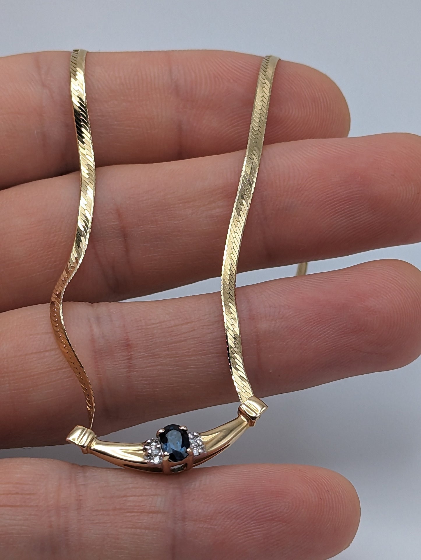 14k Italy HerringBone Blue Sapphire Diamond Necklace Chain. 14k Herring Bone Sapphire Chain 18 Inch. 14k Yellow Gold Chain.