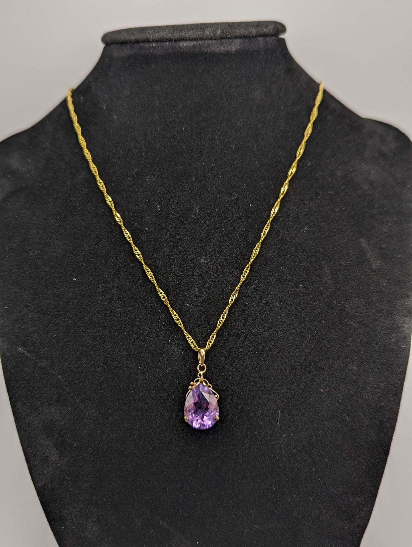 10k Yellow Gold Amethyst Pendant. Amethyst Pendant in 10k Yellow Gold Tear Drop Pendant. + 18k GF Necklace