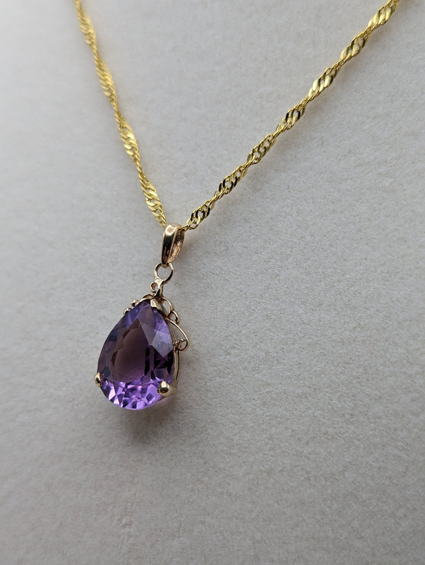 10k Yellow Gold Amethyst Pendant. Amethyst Pendant in 10k Yellow Gold Tear Drop Pendant. + 18k GF Necklace