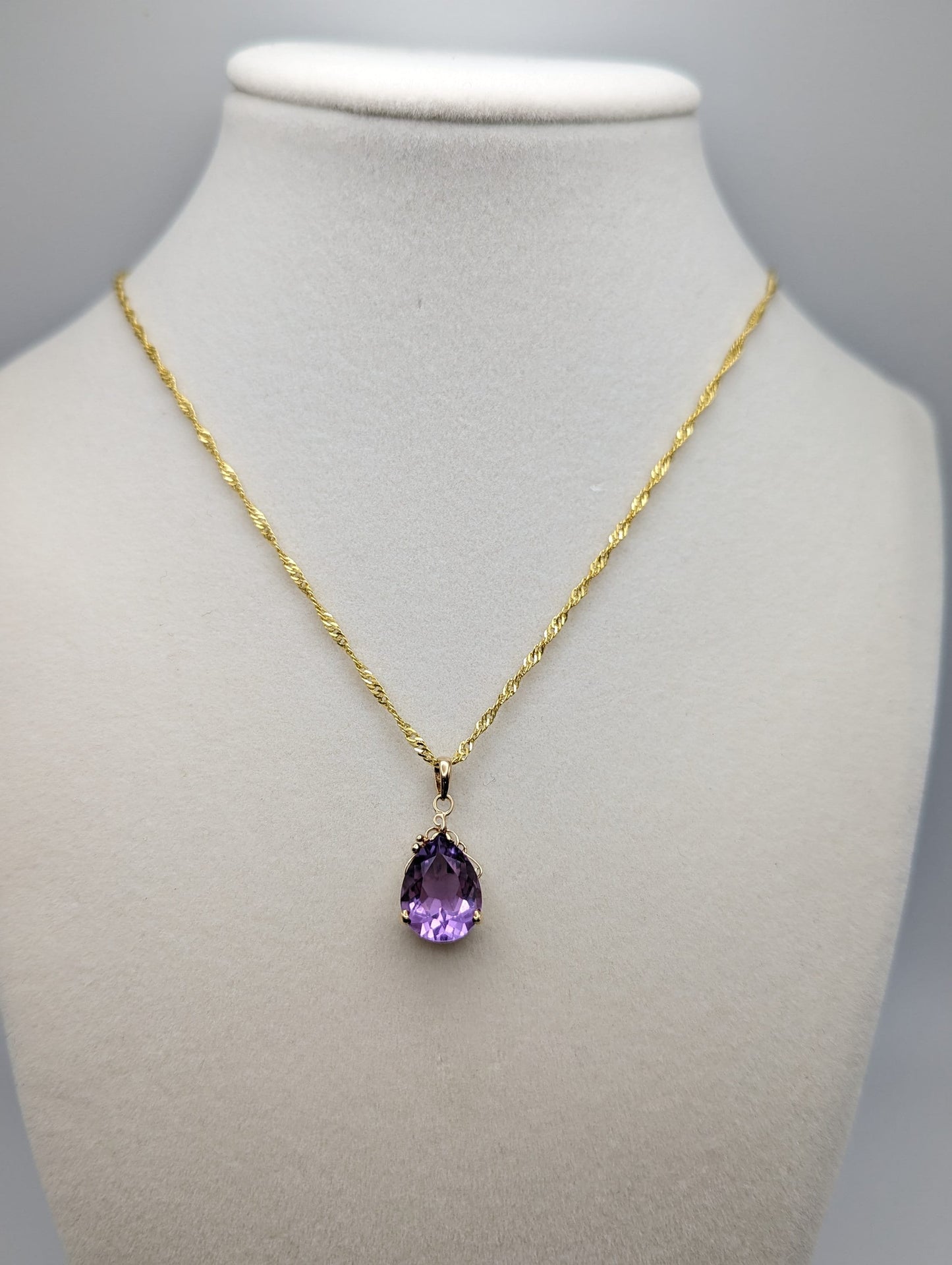 10k Yellow Gold Amethyst Pendant. Amethyst Pendant in 10k Yellow Gold Tear Drop Pendant. + 18k GF Necklace