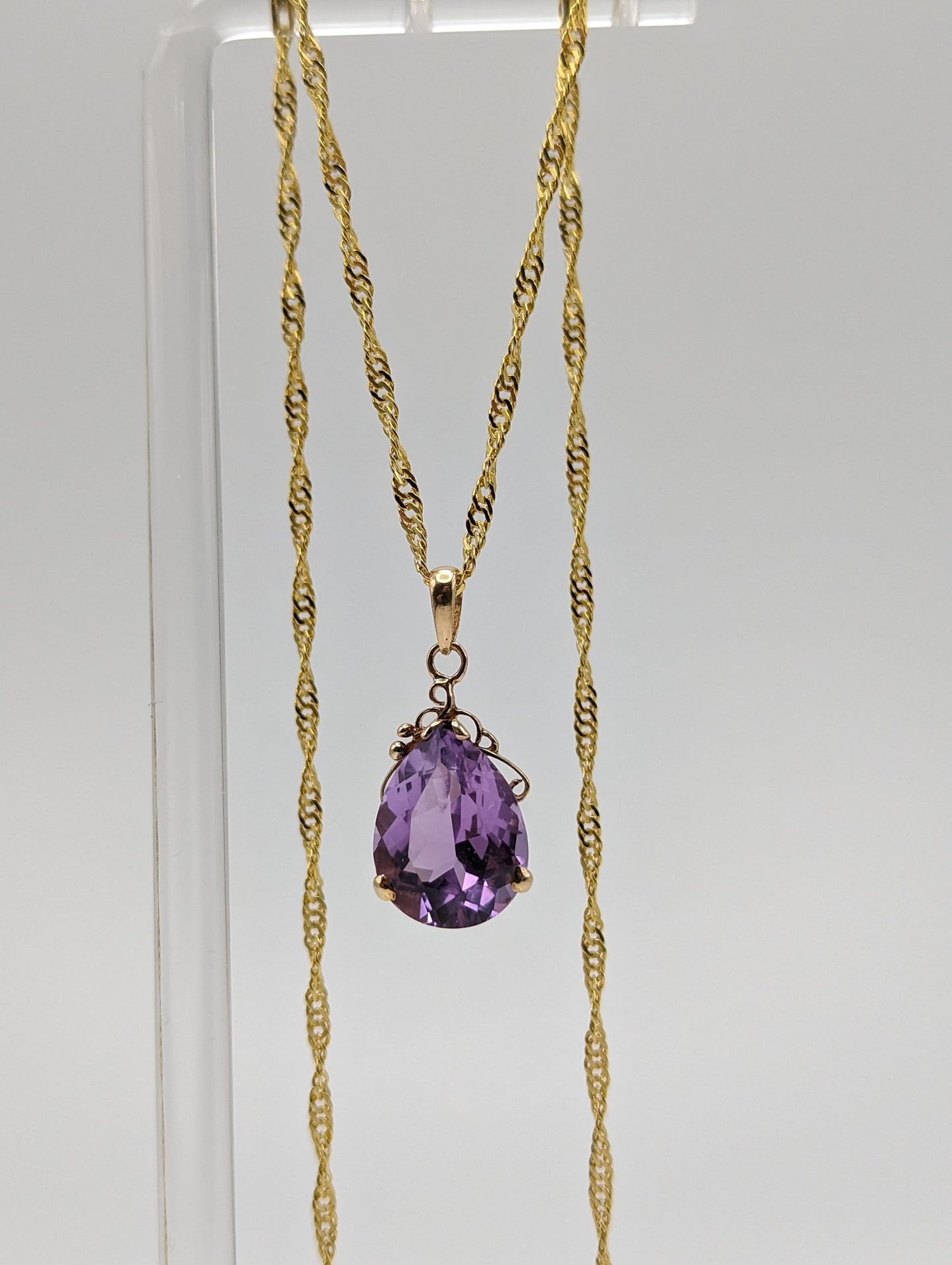 10k Yellow Gold Amethyst Pendant. Amethyst Pendant in 10k Yellow Gold Tear Drop Pendant. + 18k GF Necklace