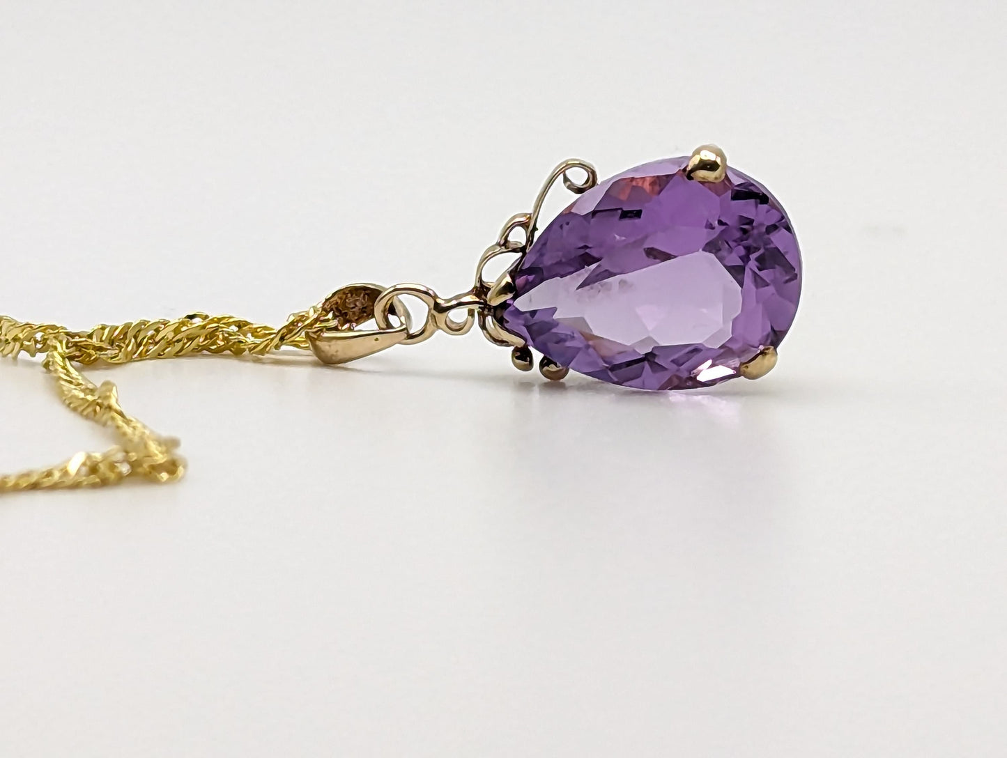 10k Yellow Gold Amethyst Pendant. Amethyst Pendant in 10k Yellow Gold Tear Drop Pendant. + 18k GF Necklace