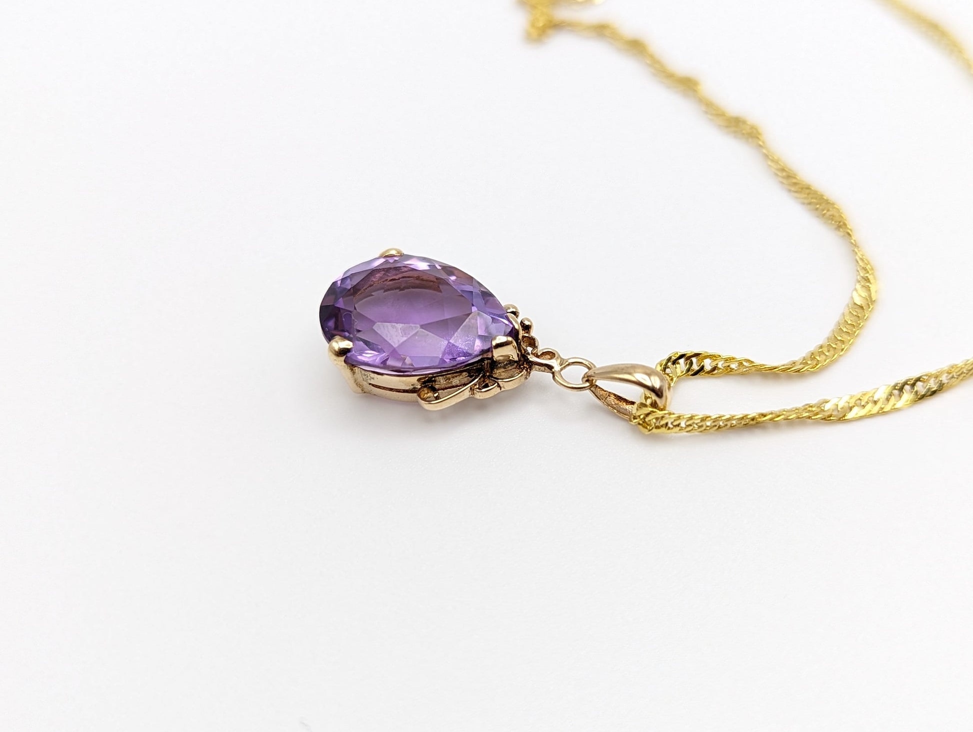 10k Yellow Gold Amethyst Pendant. Amethyst Pendant in 10k Yellow Gold Tear Drop Pendant. + 18k GF Necklace