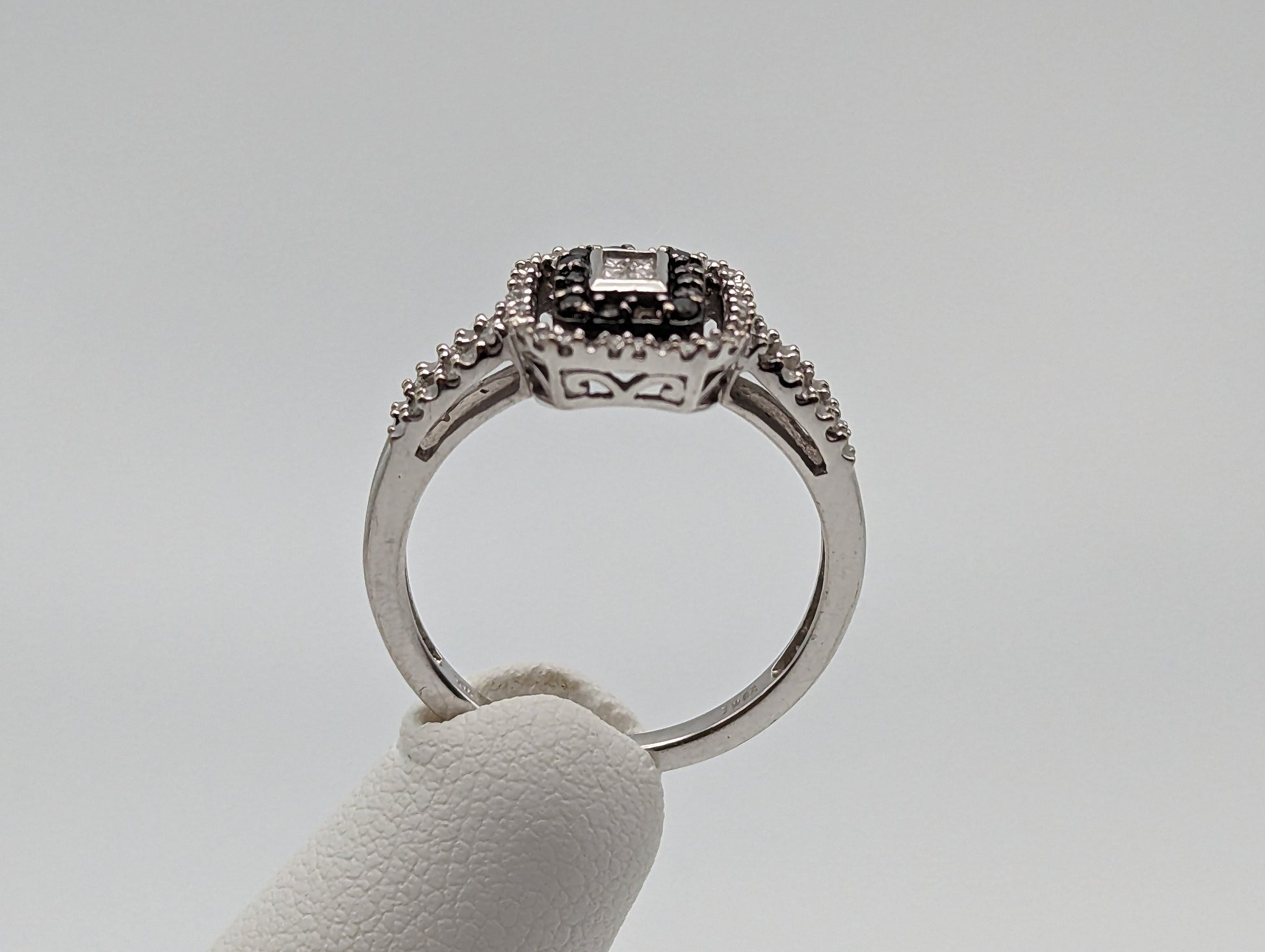 14k White Gold Double Band Black Diamond Halo Engagement Ring Diamond White Gold Ring White Gold Promise Ring