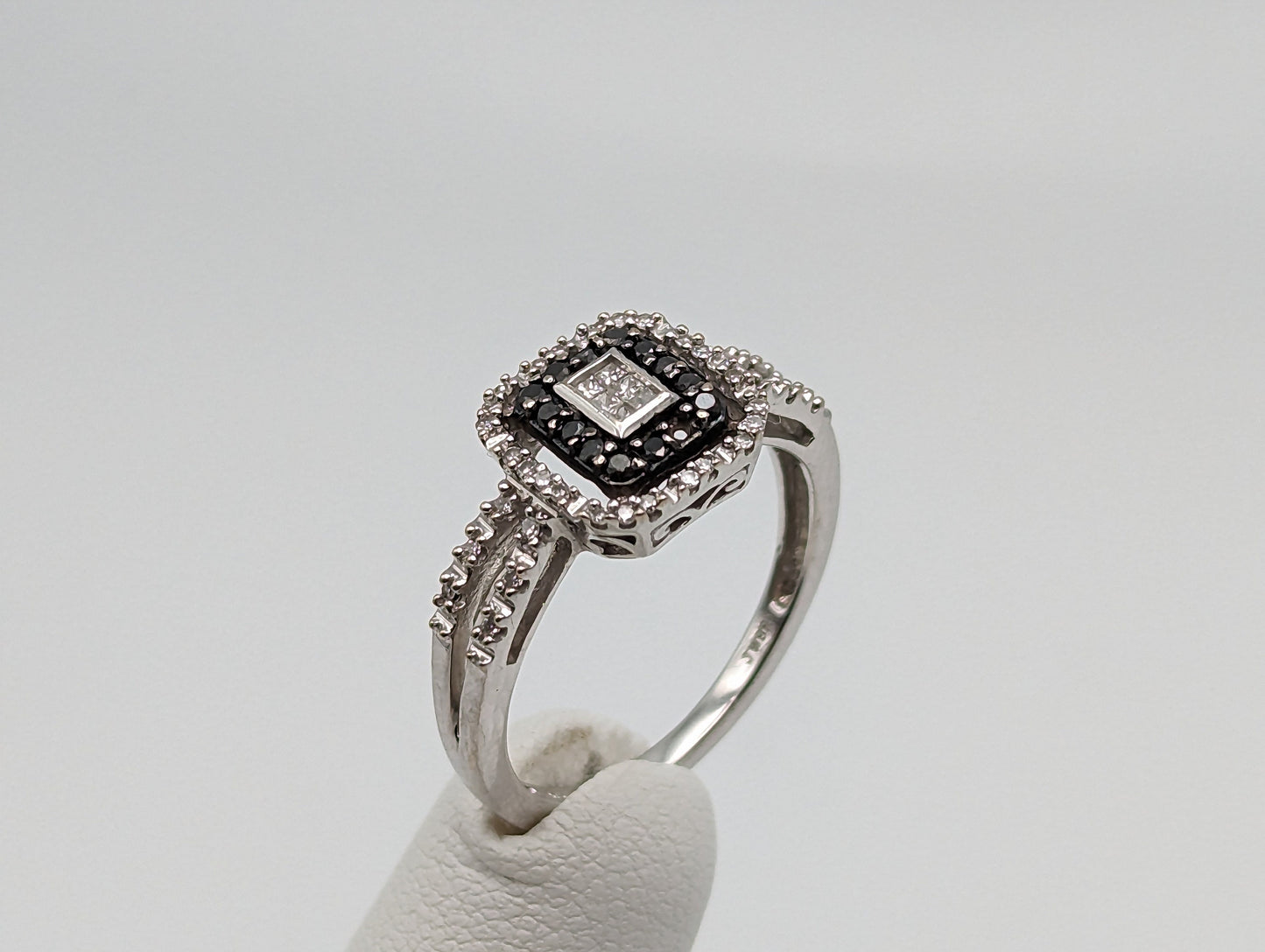 14k White Gold Double Band Black Diamond Halo Engagement Ring Diamond White Gold Ring White Gold Promise Ring