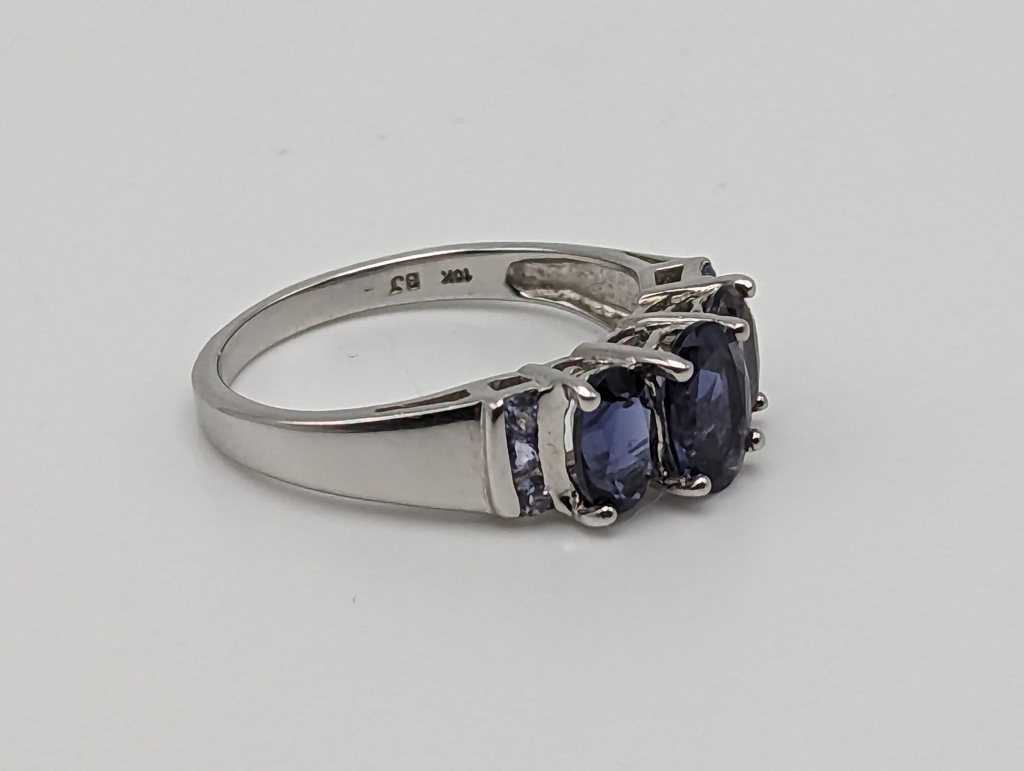 White Gold 10k Three Stone Tanzanite Ring. 10k White Gold Womens Past Future and Present Ring.