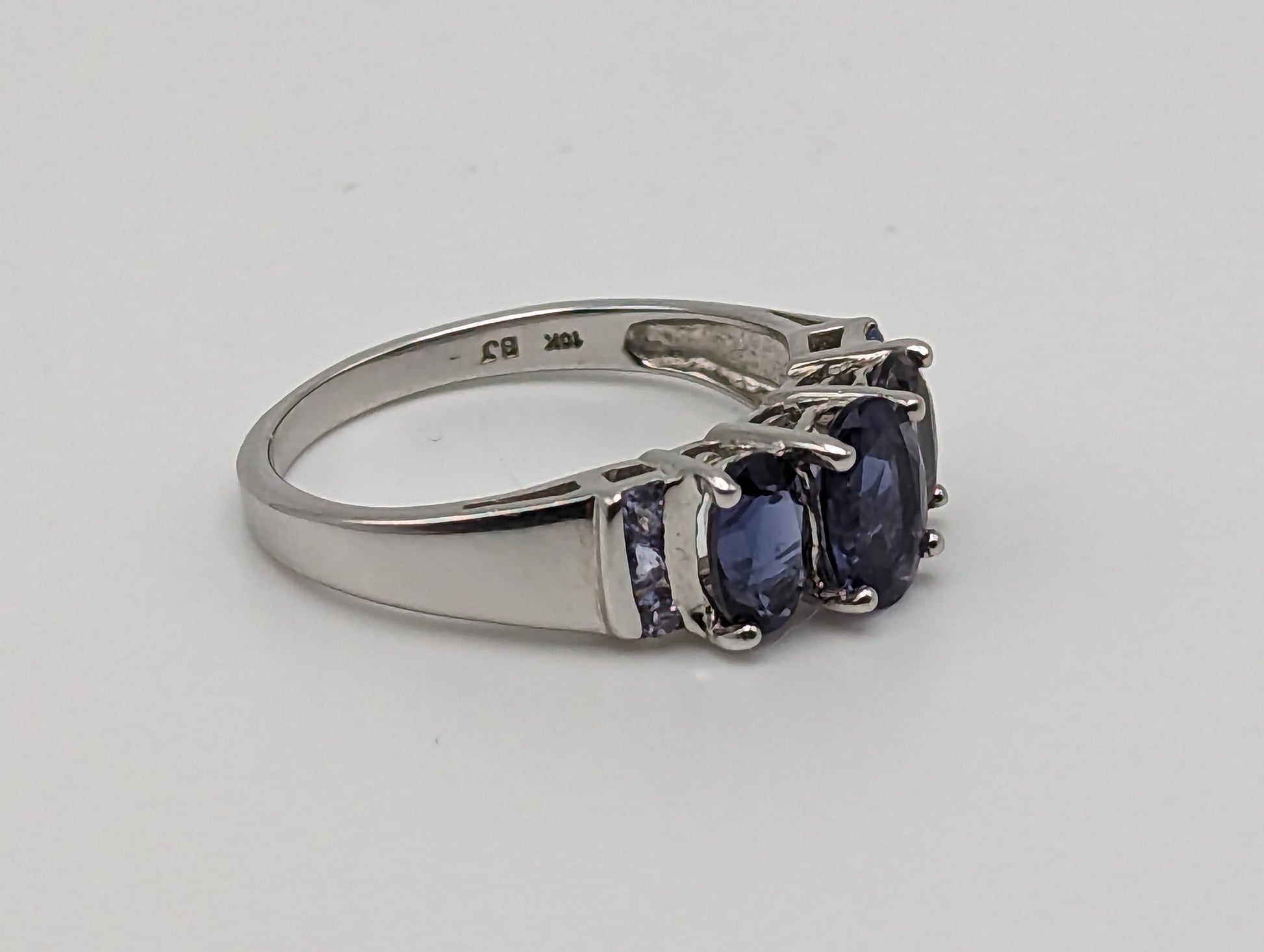 White Gold 10k Three Stone Tanzanite Ring. 10k White Gold Womens Past Future and Present Ring.