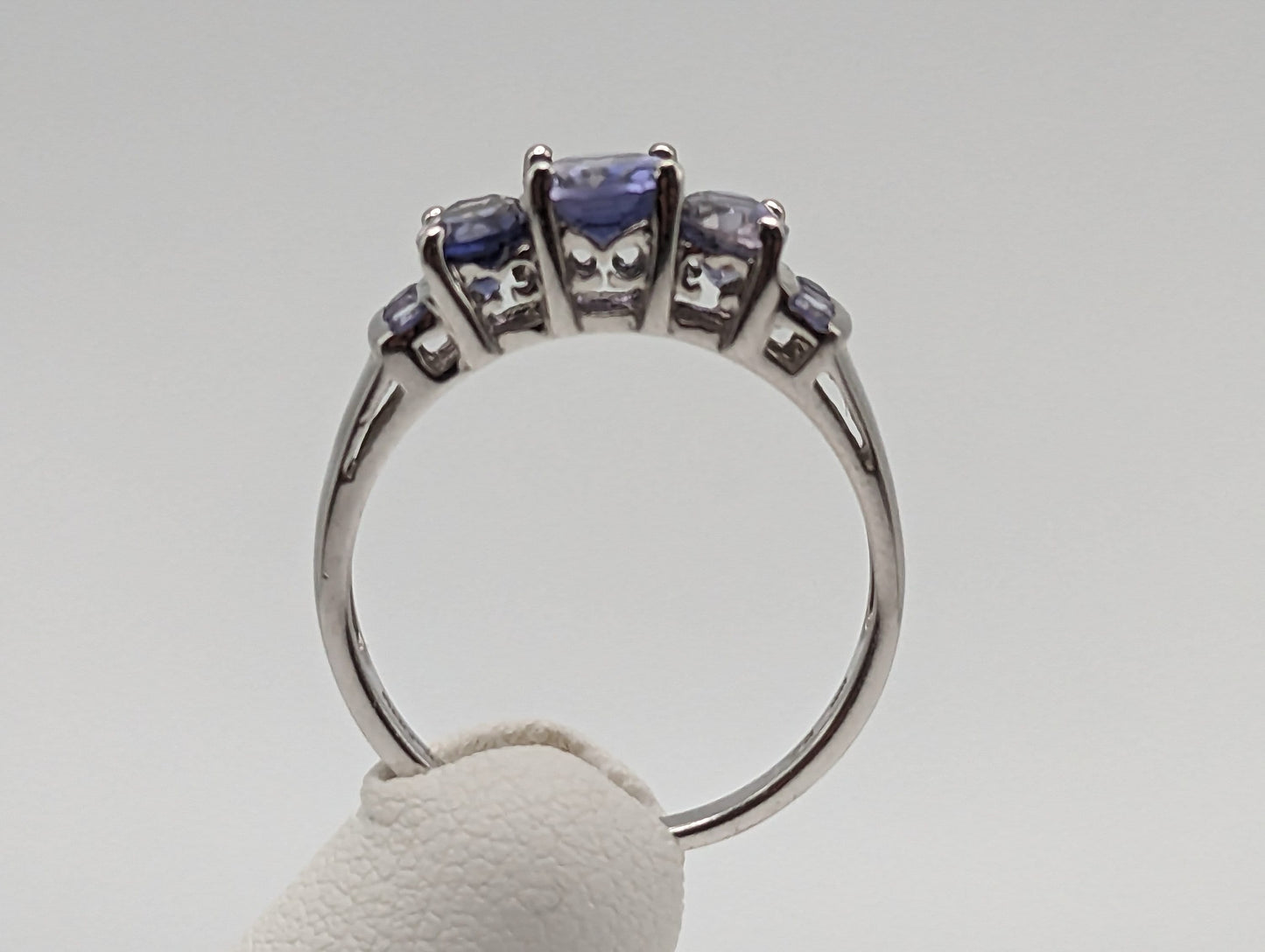 White Gold 10k Three Stone Tanzanite Ring. 10k White Gold Womens Past Future and Present Ring.