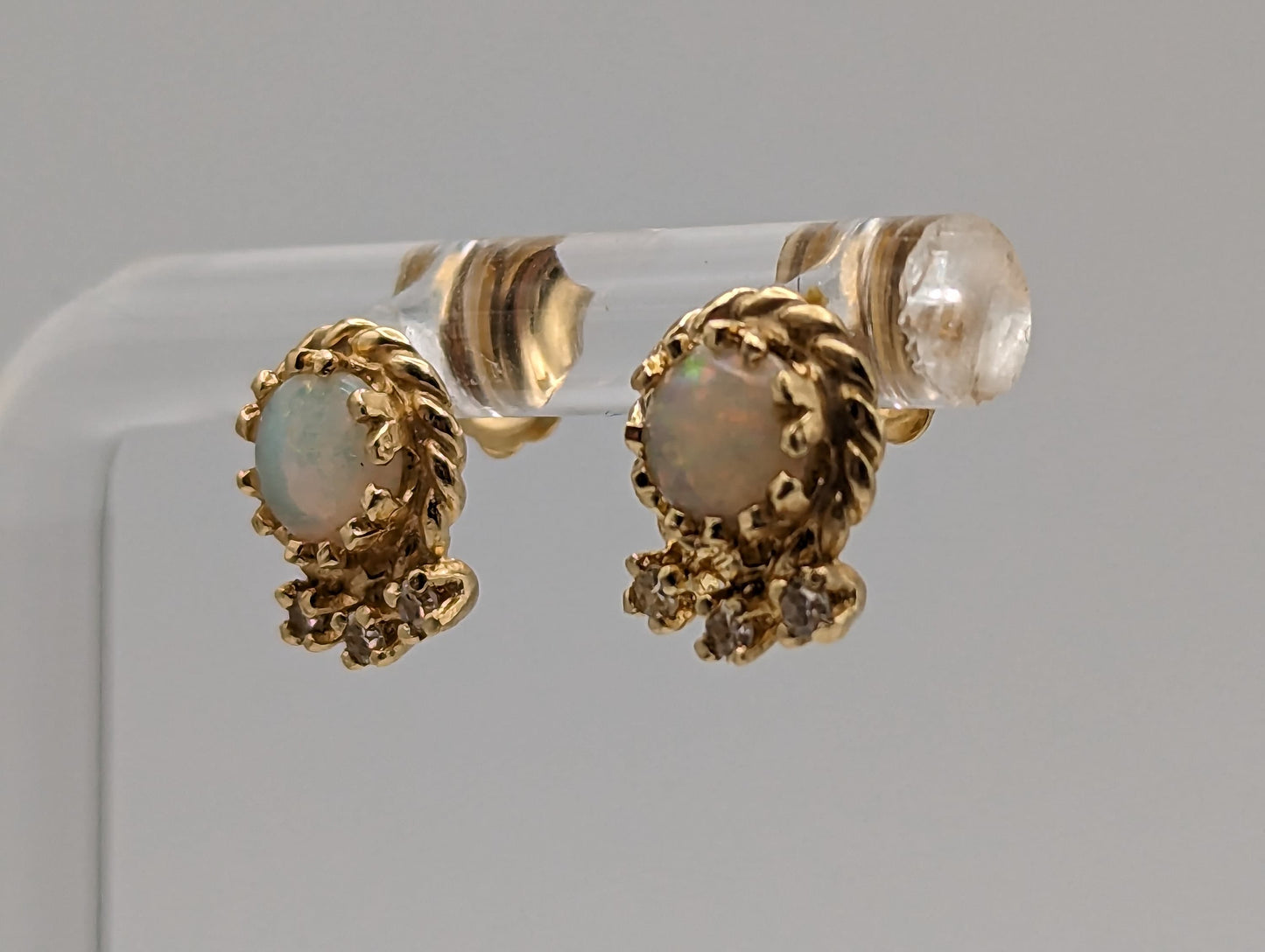 14k Yellow Gold Opal and Diamond Earrings. 14k Opal and Diamond Womens Earrings.