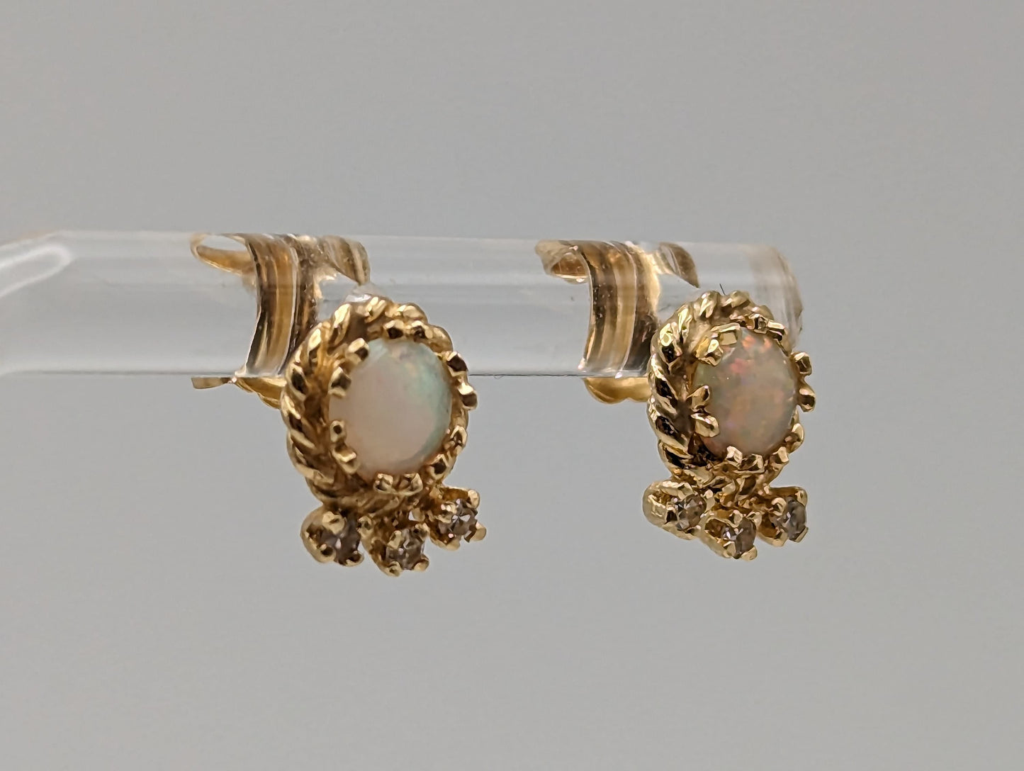 14k Yellow Gold Opal and Diamond Earrings. 14k Opal and Diamond Womens Earrings.