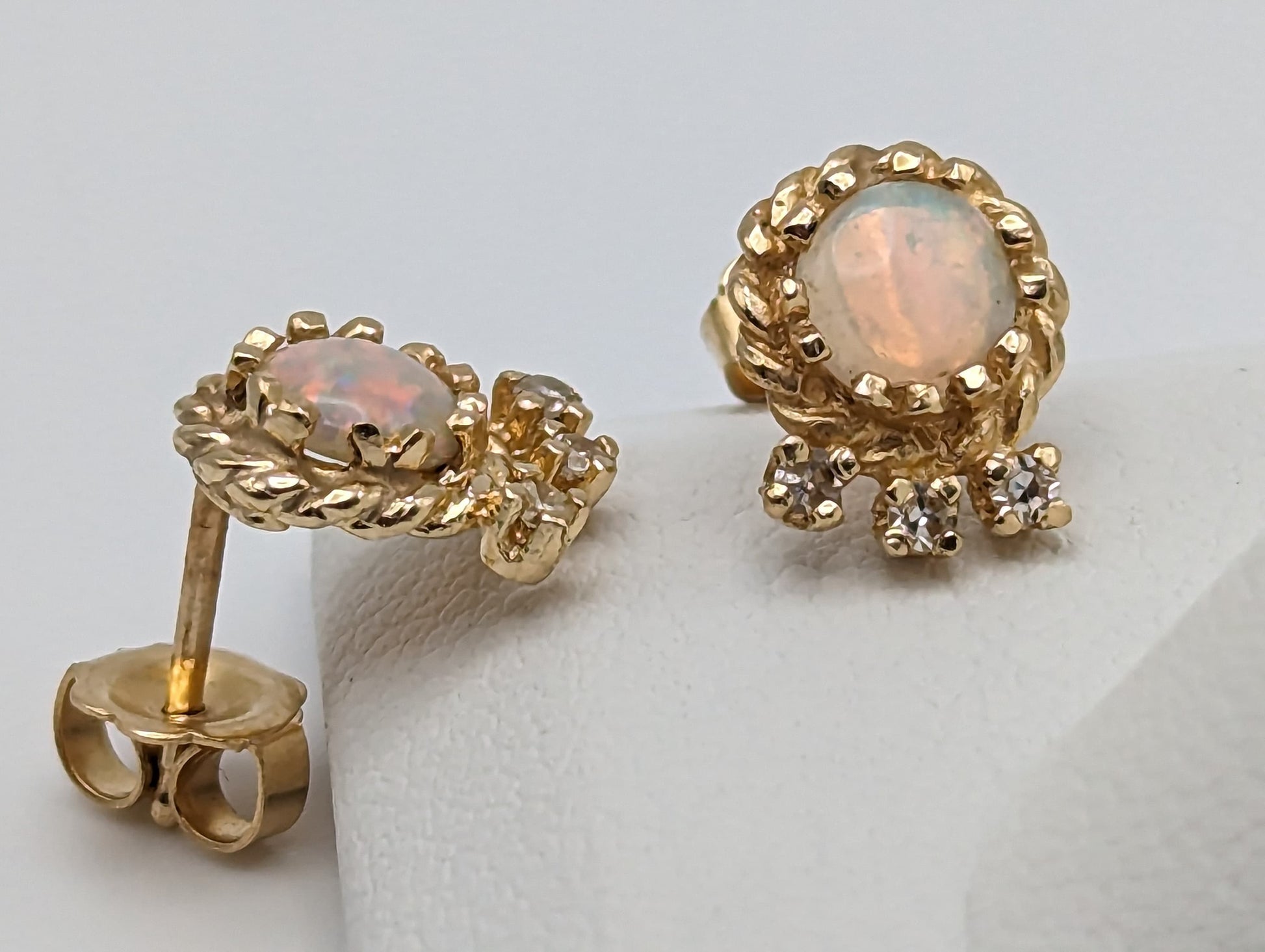 14k Yellow Gold Opal and Diamond Earrings. 14k Opal and Diamond Womens Earrings.