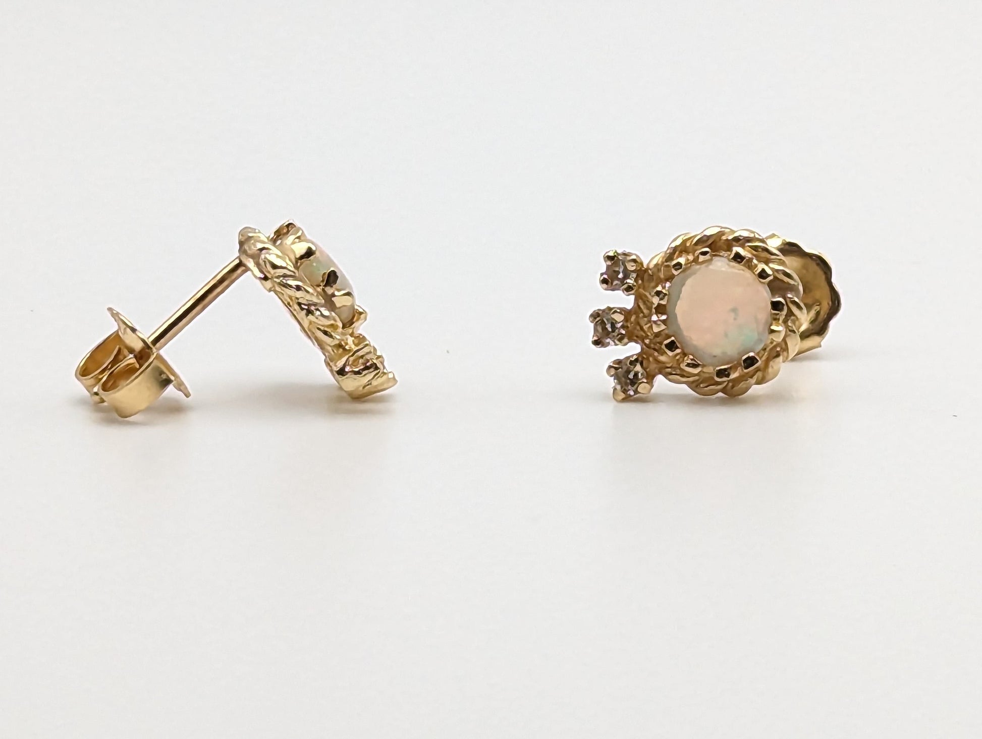 14k Yellow Gold Opal and Diamond Earrings. 14k Opal and Diamond Womens Earrings.