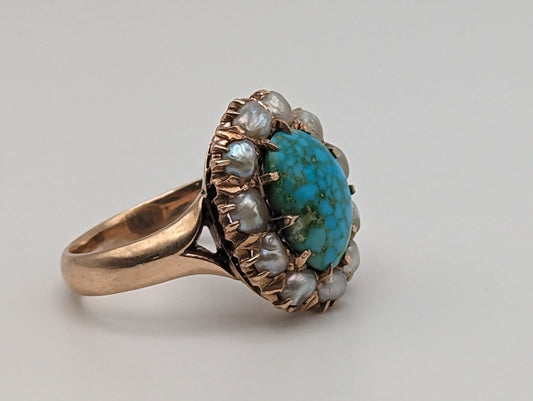 Antique 10k Turquoise Rose Gold Halo Blister Pearls Ring. Turquoise Rose Gold Ring. Antique Art Deco Turquoise Ring