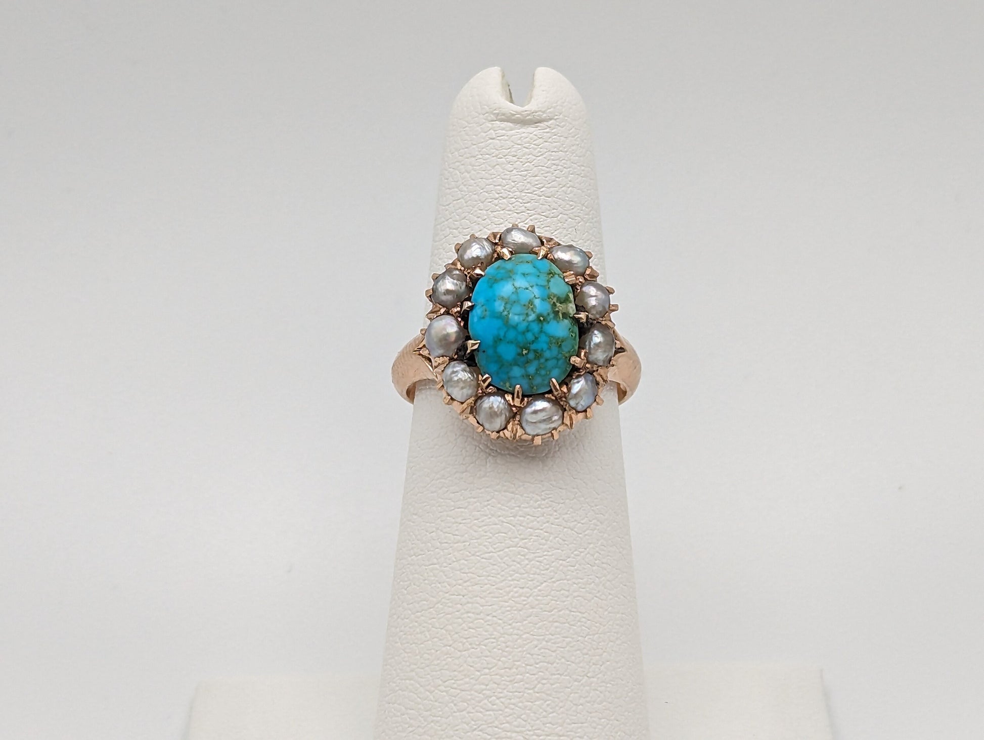 Antique 10k Turquoise Rose Gold Halo Blister Pearls Ring. Turquoise Rose Gold Ring. Antique Art Deco Turquoise Ring