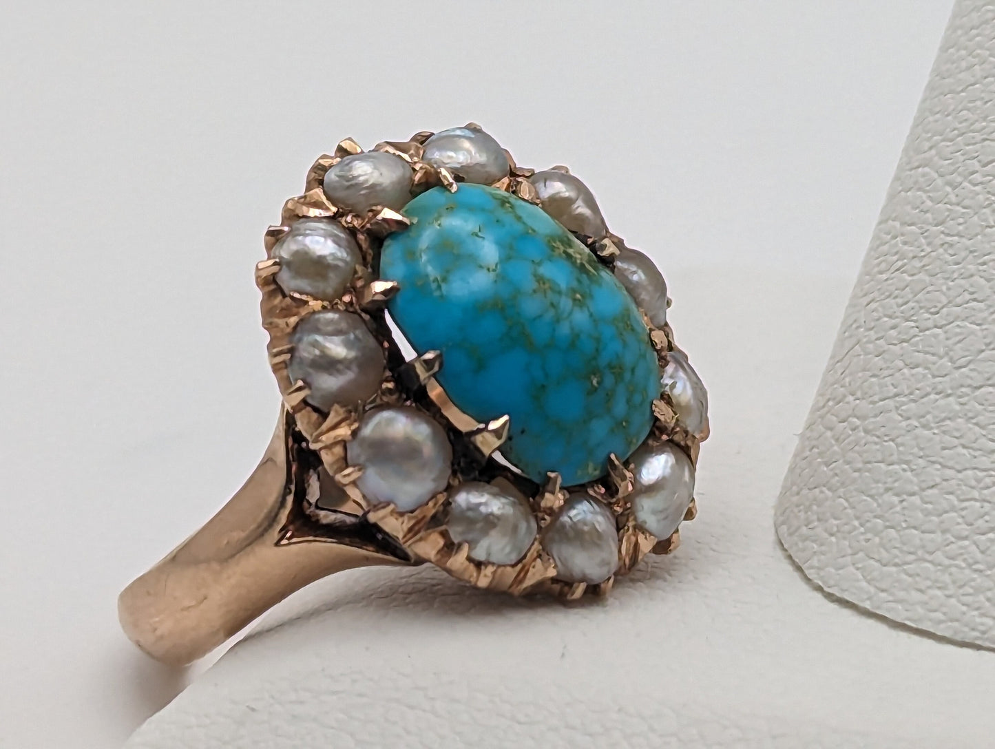 Antique 10k Turquoise Rose Gold Halo Blister Pearls Ring. Turquoise Rose Gold Ring. Antique Art Deco Turquoise Ring