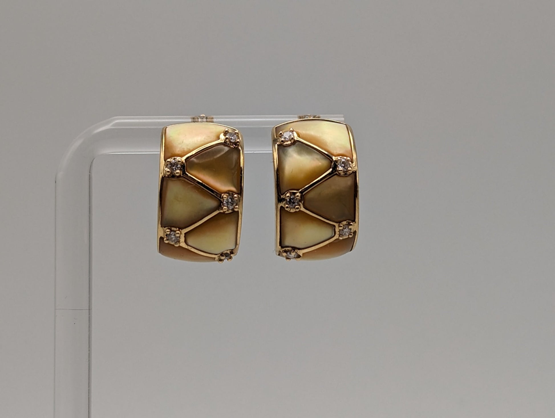 Designer ASH 14k 11gr Gold Mother of Pearl Inlays Diamonds Earrings 14k Ash Gold MOP Pearl Inlays Diamond Huggies.