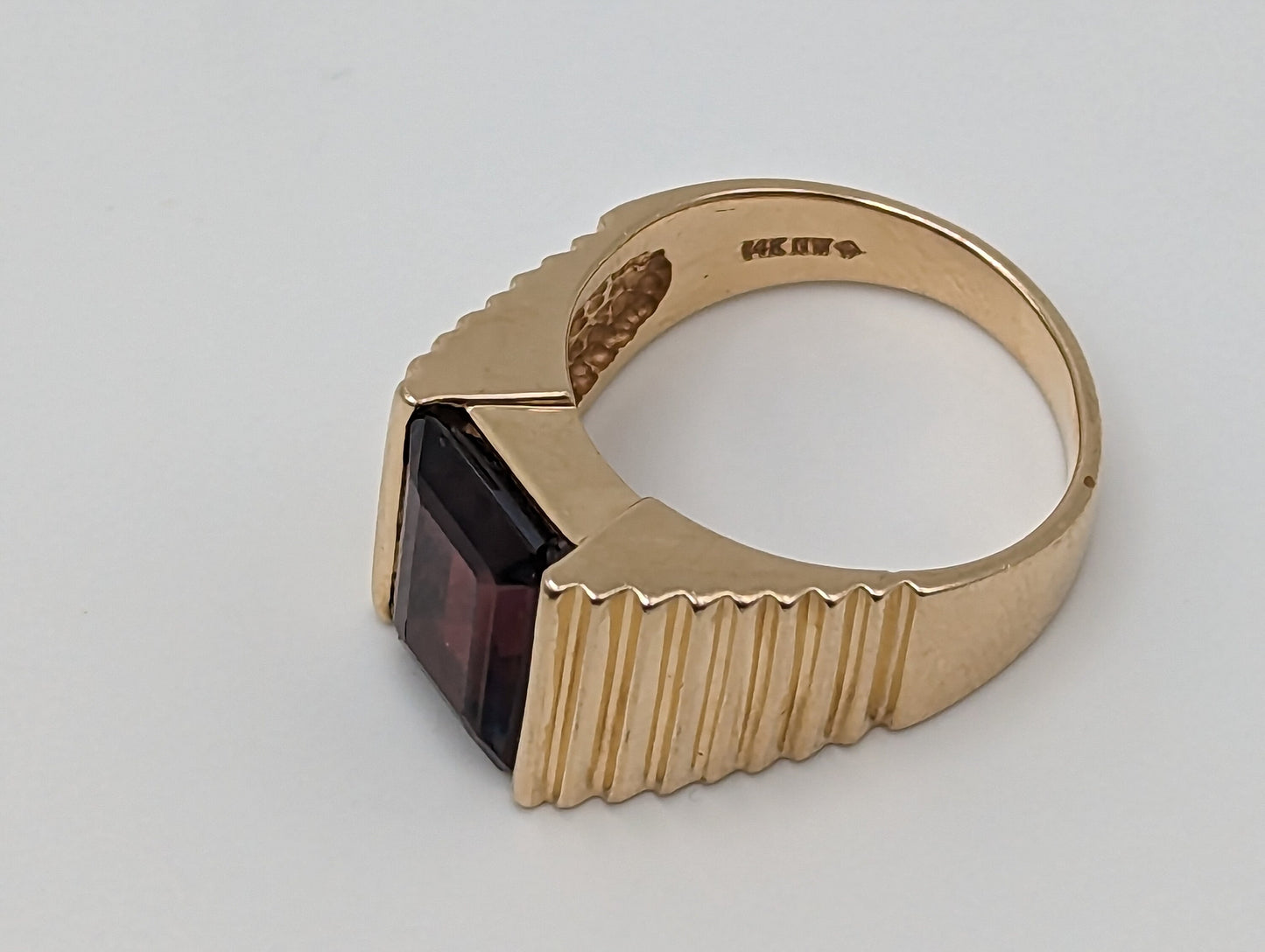 14k Yellow Gold Heavy 13gr Emerald Cut Garnet Chanel Setting Ring. 14k Garnet Mens Signet Ring.