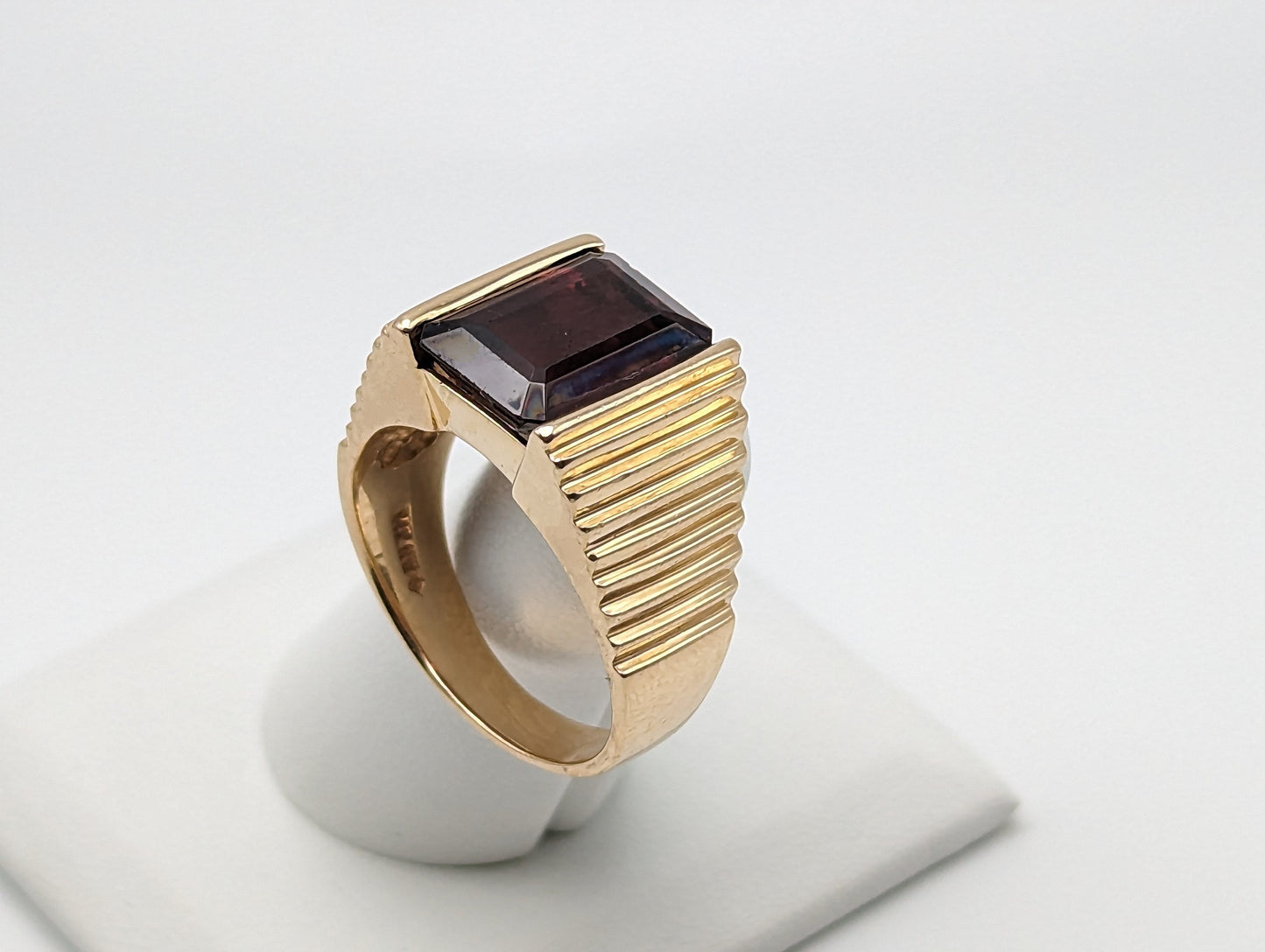 14k Yellow Gold Heavy 13gr Emerald Cut Garnet Chanel Setting Ring. 14k Garnet Mens Signet Ring.