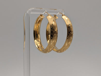Large 14k Gold Etched Floral Design Hoop Earrings 14k Solid Yellow Gold Classic Hoops.