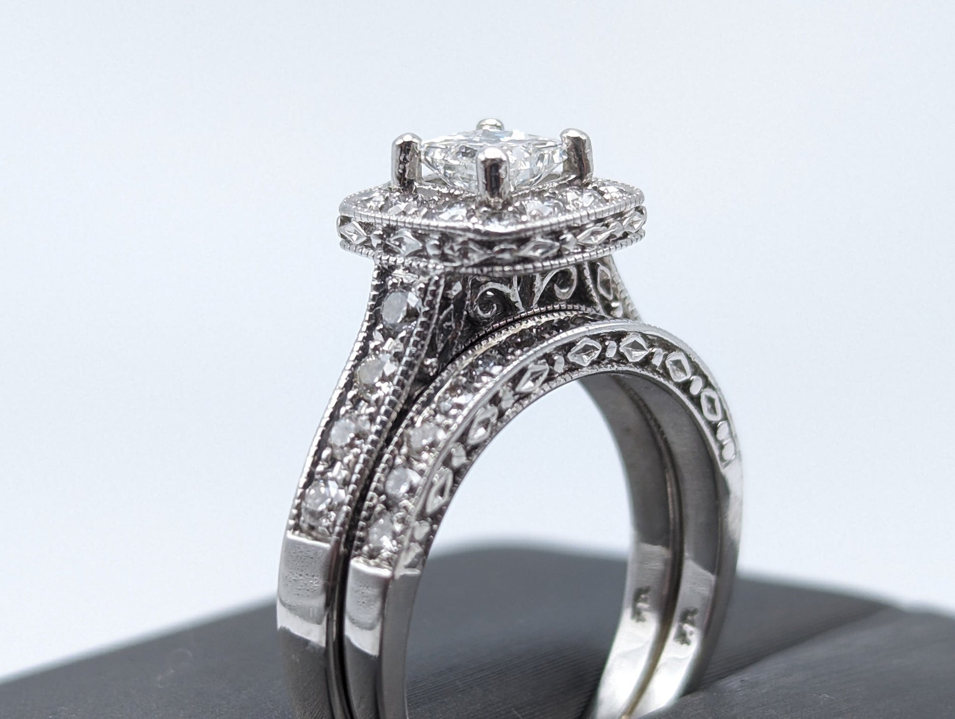 14k White Gold Diamond Wedding Set 1.45ctw Diamond w/Appraisal. 14k Princess Cut 1/2 ct Center Diamond Bridal Set.