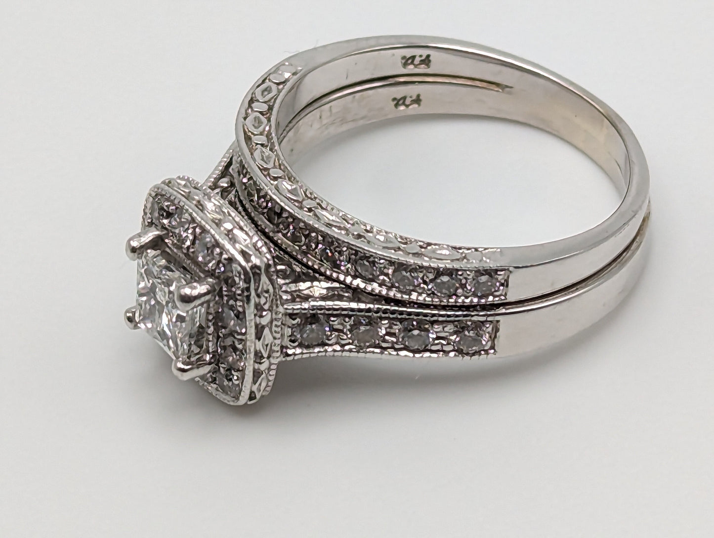 14k White Gold Diamond Wedding Set 1.45ctw Diamond w/Appraisal. 14k Princess Cut 1/2 ct Center Diamond Bridal Set.