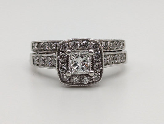 14k White Gold Diamond Wedding Set 1.45ctw Diamond w/Appraisal. 14k Princess Cut 1/2 ct Center Diamond Bridal Set.