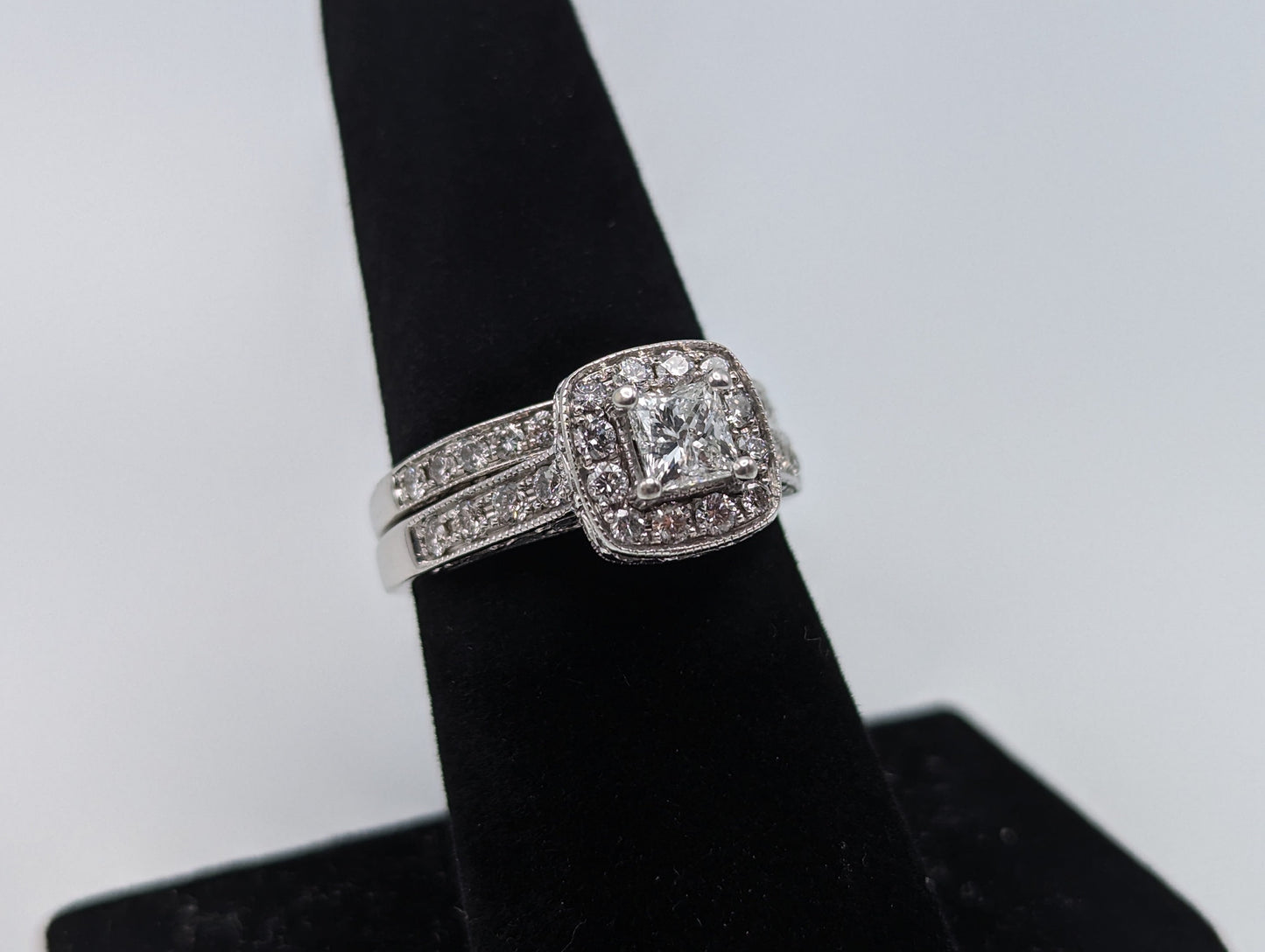 14k White Gold Diamond Wedding Set 1.45ctw Diamond w/Appraisal. 14k Princess Cut 1/2 ct Center Diamond Bridal Set.