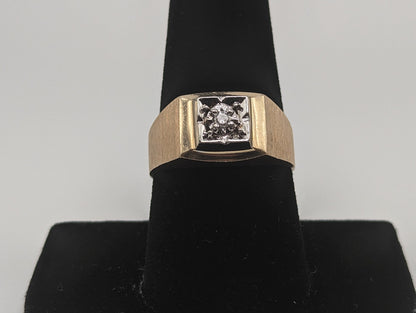 10k Mens Vintage White and Yellow Gold Diamond Ring. 10k Mens Diamond Statement Ring. Yellow Gold Mens Diamond Signet Ring.