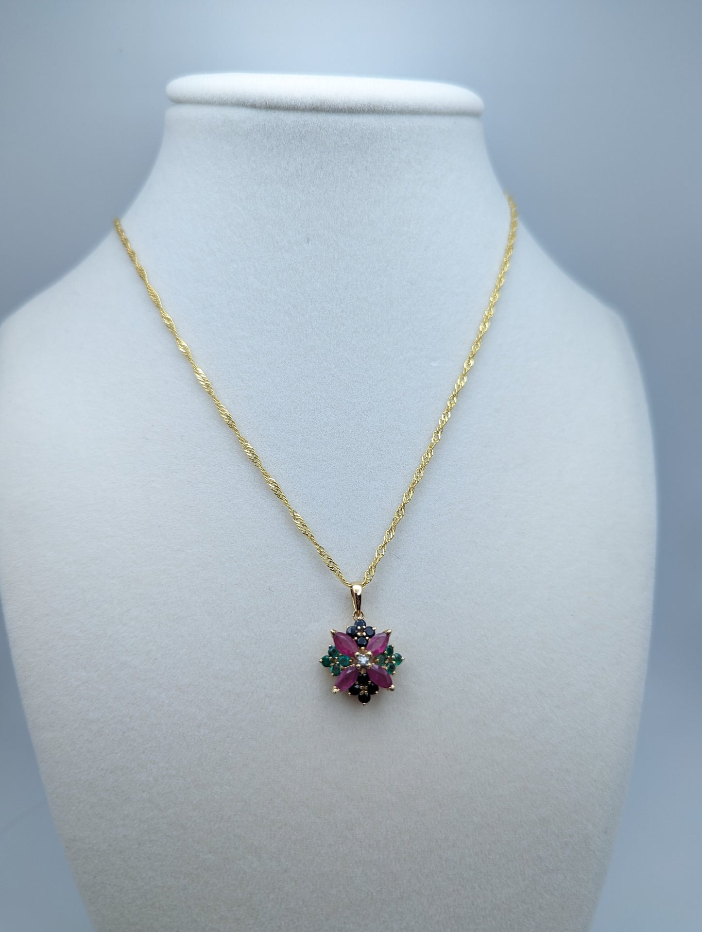 14k Ruby Sapphire Diamond Emerald Flower Pendant. 14k Yellow Gold Multi Gem Daisy Necklace + 18k GP Necklace