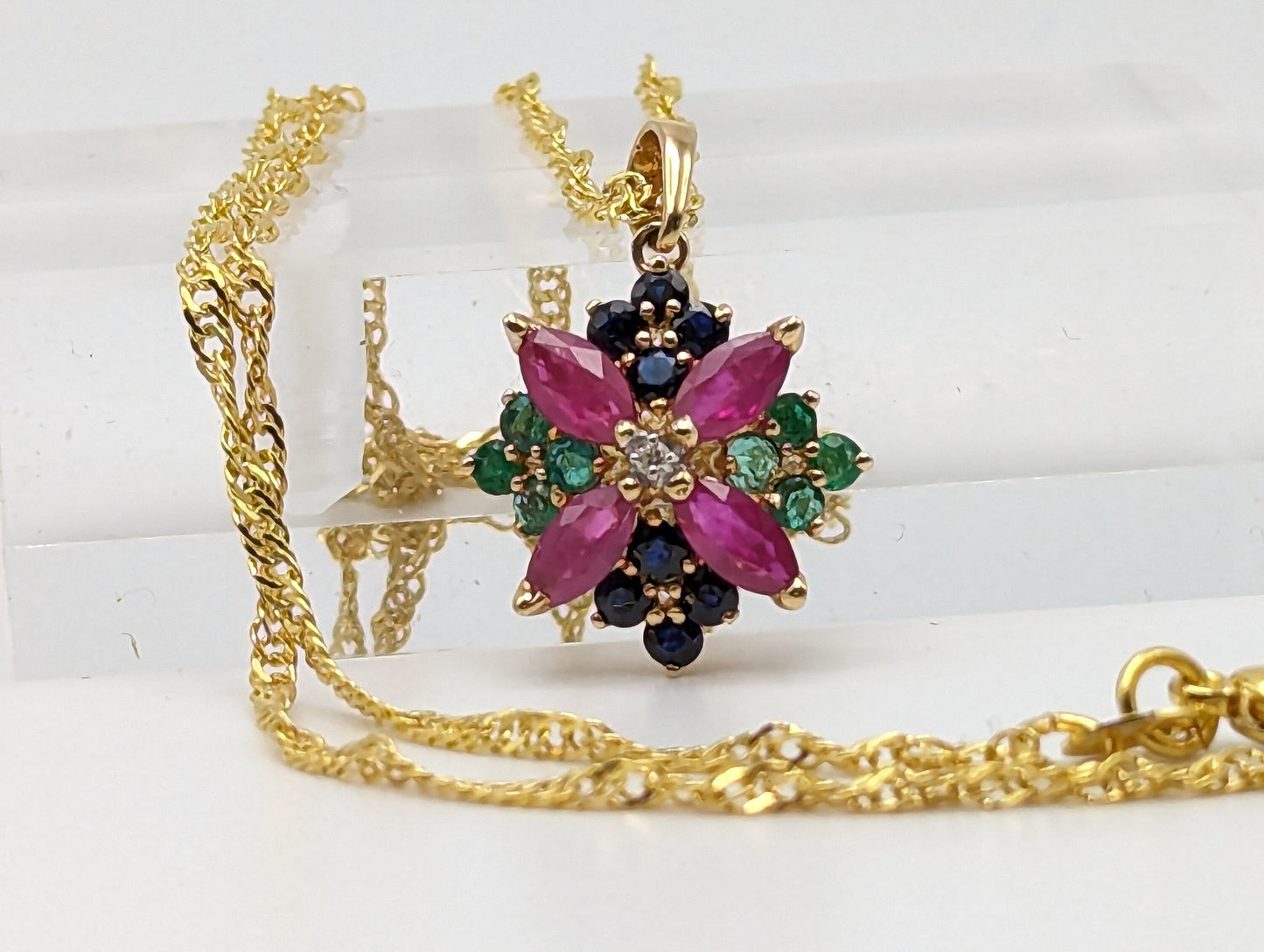 14k Ruby Sapphire Diamond Emerald Flower Pendant. 14k Yellow Gold Multi Gem Daisy Necklace + 18k GP Necklace