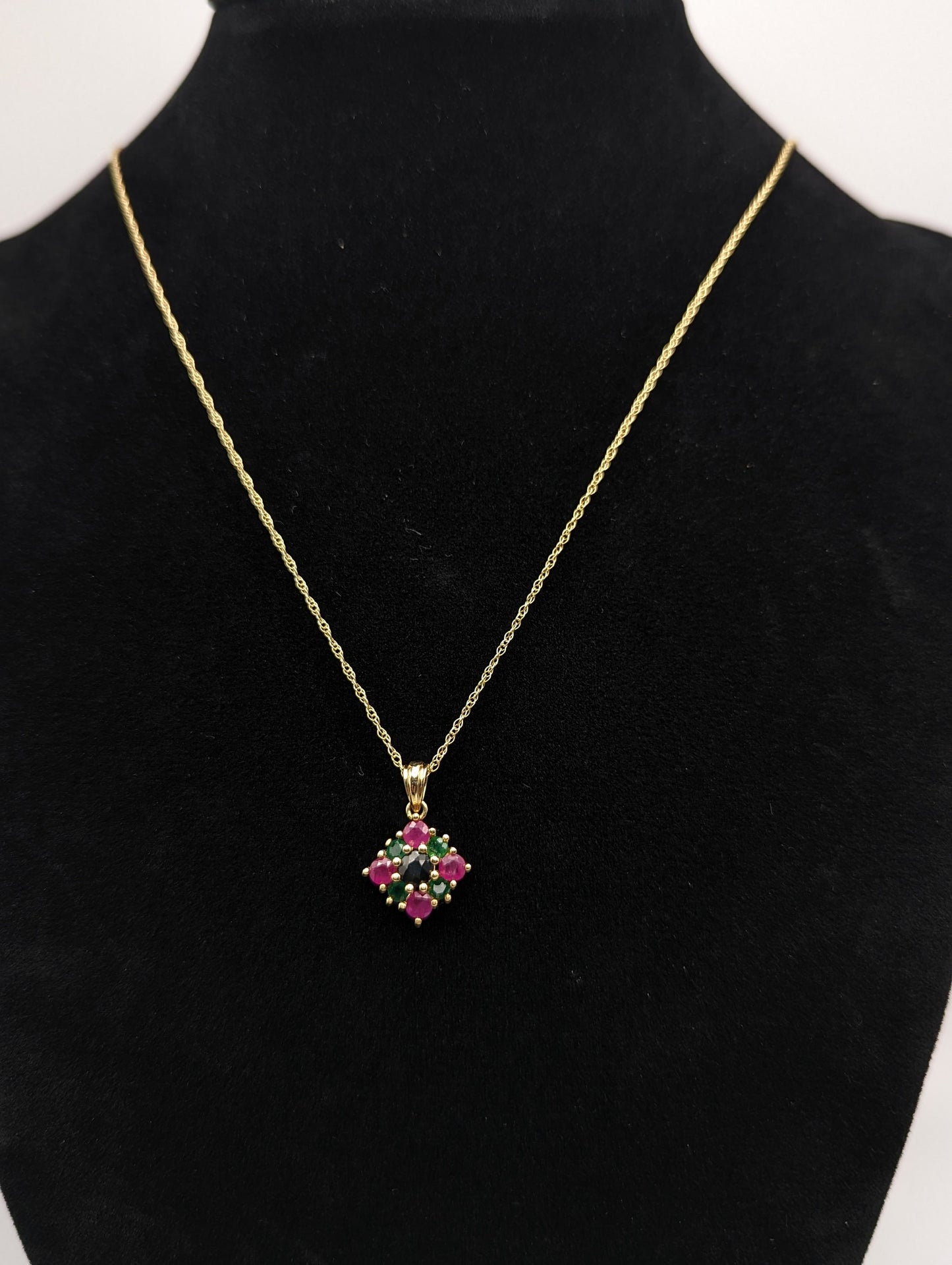 14k Sapphire Emerald Ruby Cluster Necklace. 14k Multi-Gem Cluster Chain. 14k Sapphire Emerald Ruby Flower Necklace.