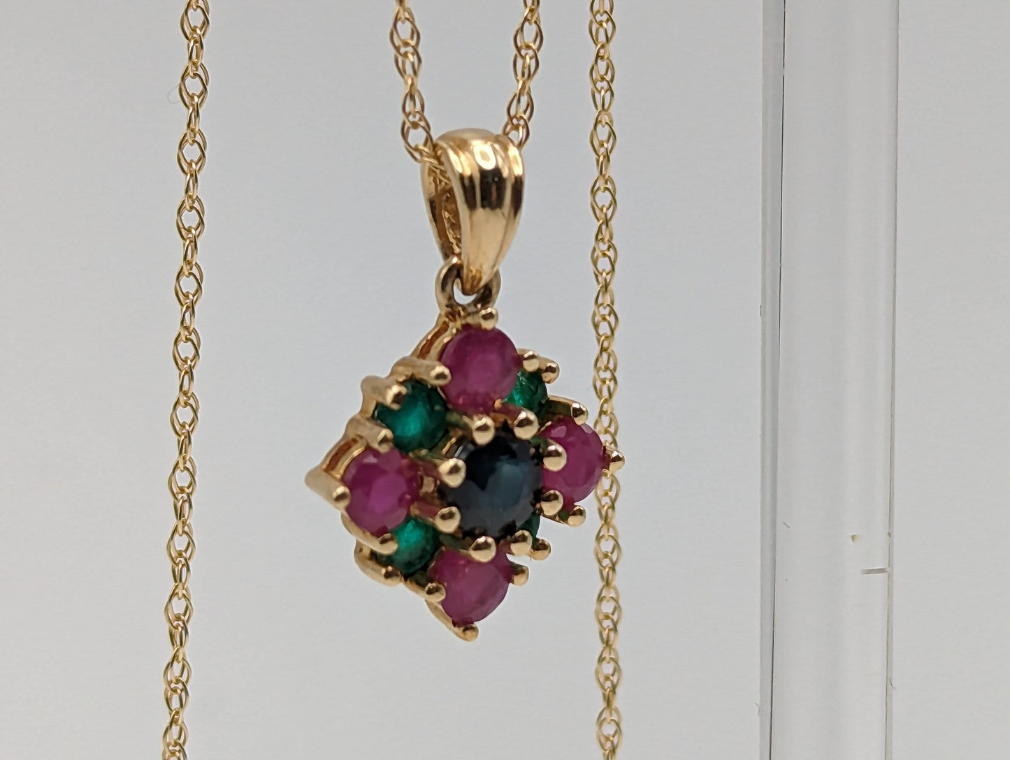 14k Sapphire Emerald Ruby Cluster Necklace. 14k Multi-Gem Cluster Chain. 14k Sapphire Emerald Ruby Flower Necklace.