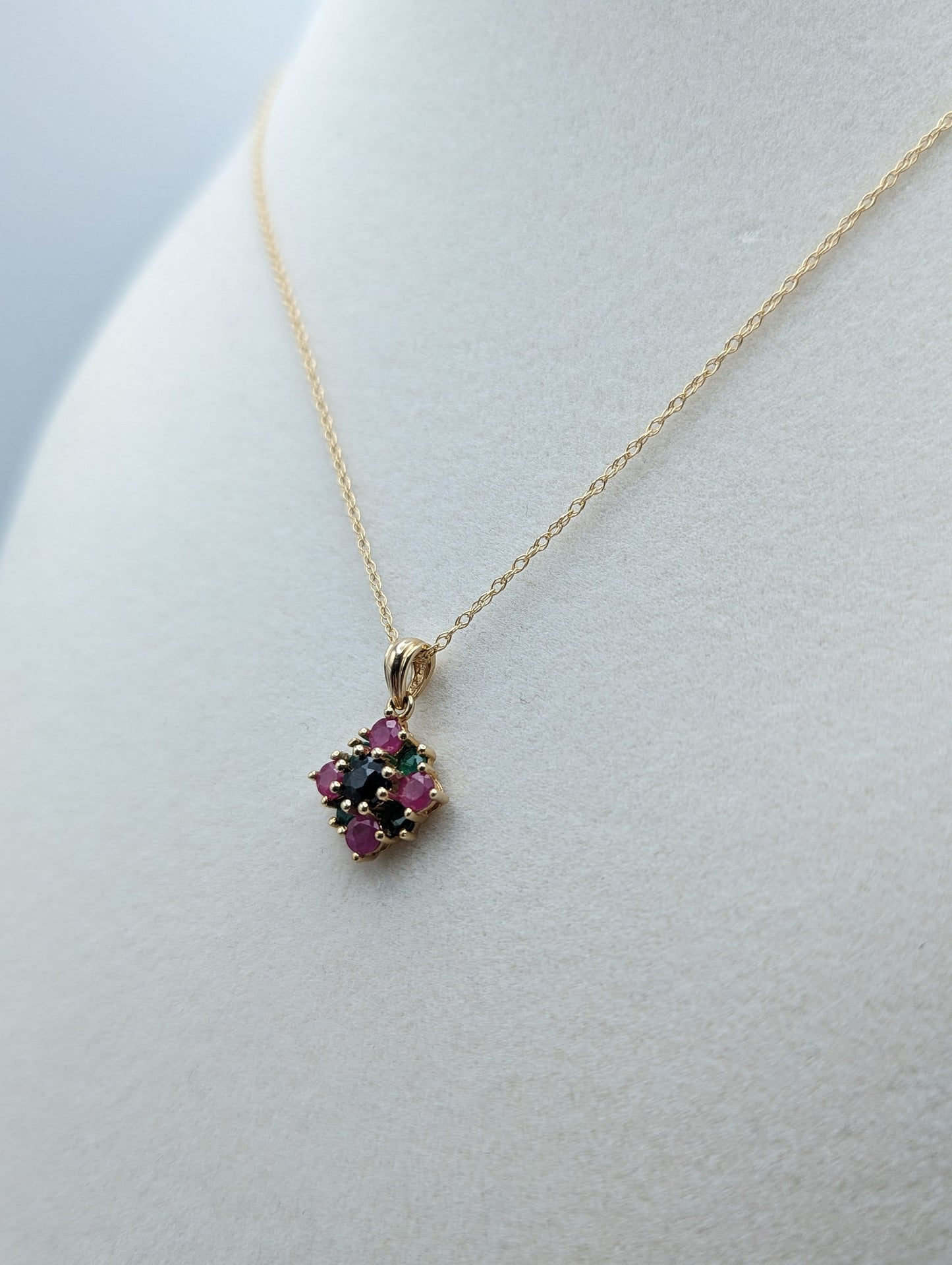 14k Sapphire Emerald Ruby Cluster Necklace. 14k Multi-Gem Cluster Chain. 14k Sapphire Emerald Ruby Flower Necklace.