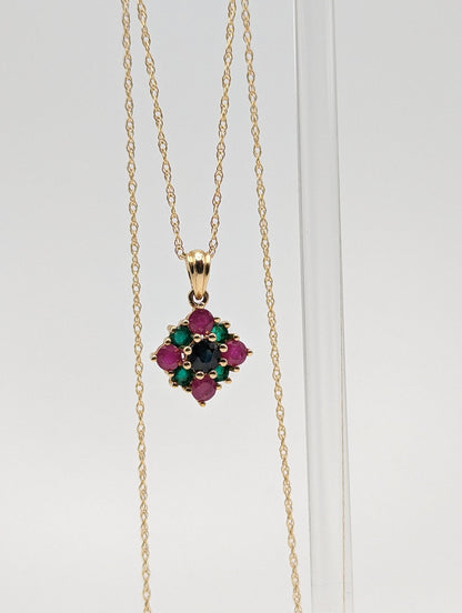 14k Sapphire Emerald Ruby Cluster Necklace. 14k Multi-Gem Cluster Chain. 14k Sapphire Emerald Ruby Flower Necklace.