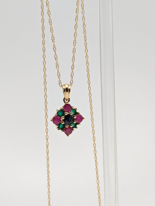 14k Sapphire Emerald Ruby Cluster Necklace. 14k Multi-Gem Cluster Chain. 14k Sapphire Emerald Ruby Flower Necklace.