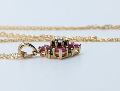 14k Sapphire Emerald Ruby Cluster Necklace. 14k Multi-Gem Cluster Chain. 14k Sapphire Emerald Ruby Flower Necklace.