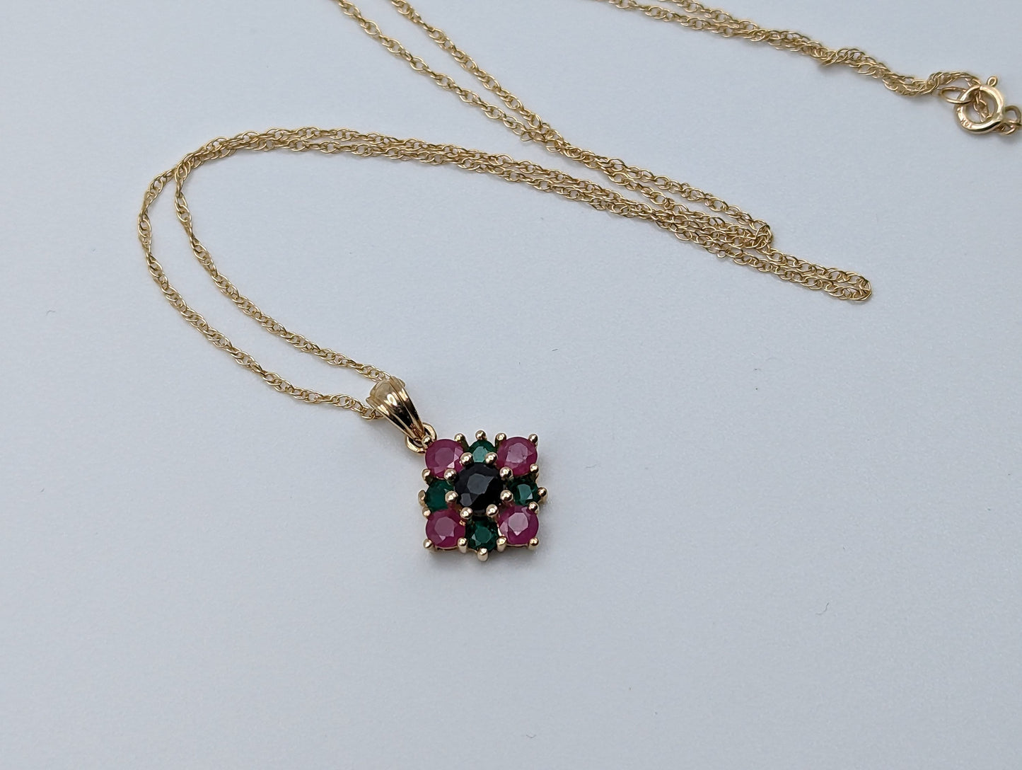 14k Sapphire Emerald Ruby Cluster Necklace. 14k Multi-Gem Cluster Chain. 14k Sapphire Emerald Ruby Flower Necklace.