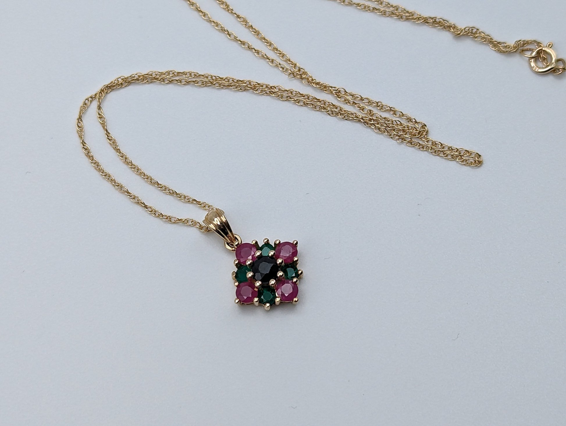 14k Sapphire Emerald Ruby Cluster Necklace. 14k Multi-Gem Cluster Chain. 14k Sapphire Emerald Ruby Flower Necklace.