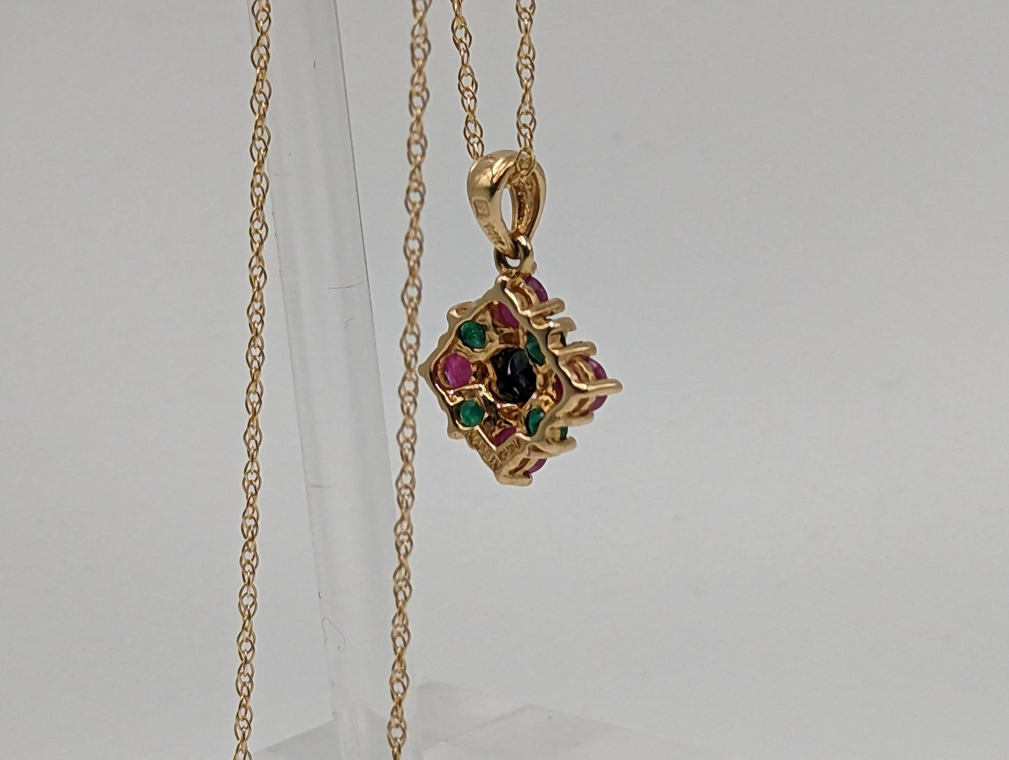 14k Sapphire Emerald Ruby Cluster Necklace. 14k Multi-Gem Cluster Chain. 14k Sapphire Emerald Ruby Flower Necklace.