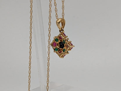 14k Sapphire Emerald Ruby Cluster Necklace. 14k Multi-Gem Cluster Chain. 14k Sapphire Emerald Ruby Flower Necklace.