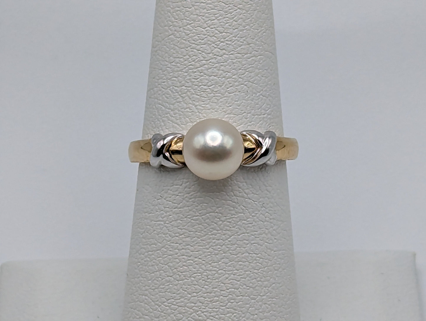 Yellow White Gold 14k XO Pearl Ring Multi-Gold Womens Pearl Ring. 10K Solitaire Pearl Ring. Engagement Pearl Ring.