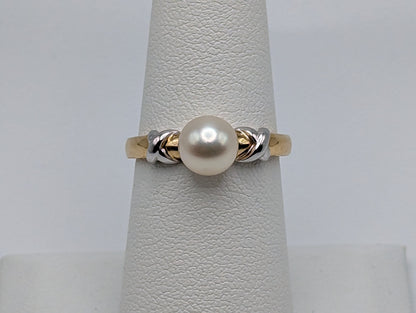 Yellow White Gold 14k XO Pearl Ring Multi-Gold Womens Pearl Ring. 10K Solitaire Pearl Ring. Engagement Pearl Ring.