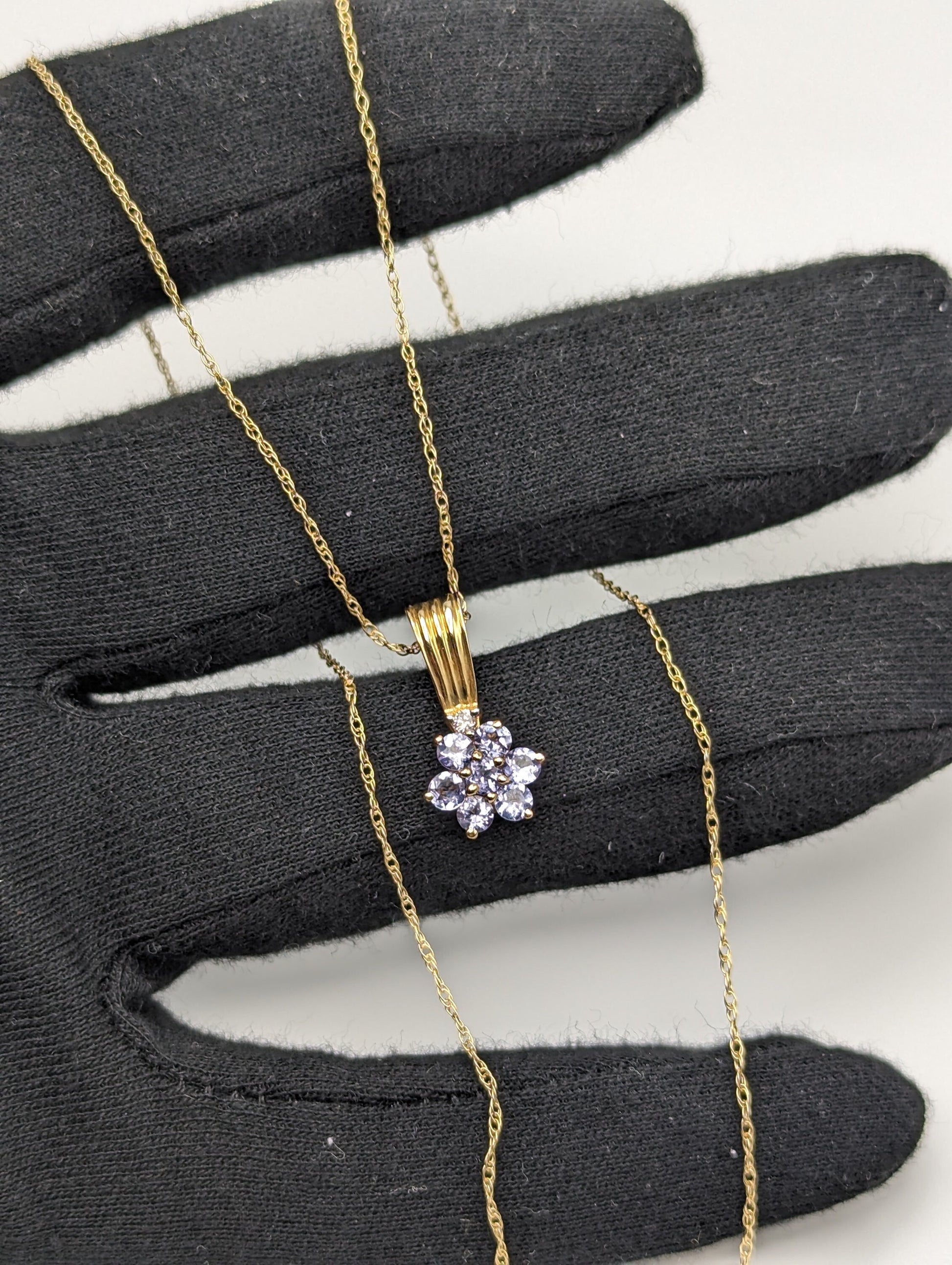 14k Yellow Gold Diamond Tanzanite Daisy Flower Pendant Necklace. 14k Tanzanite Flower Pendant + Chain. 14k Tanzanite Flower Necklace.