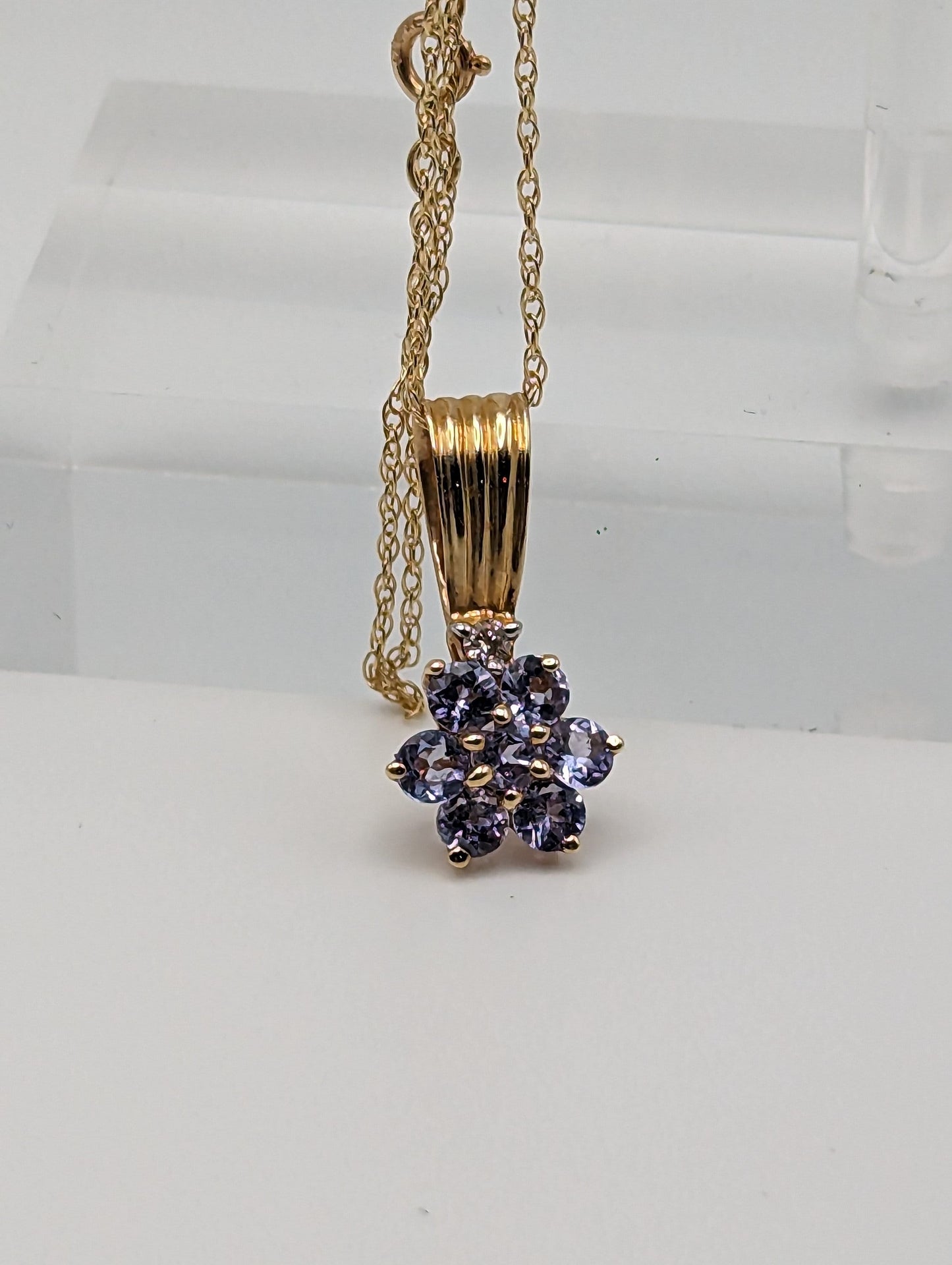 14k Yellow Gold Diamond Tanzanite Daisy Flower Pendant Necklace. 14k Tanzanite Flower Pendant + Chain. 14k Tanzanite Flower Necklace.