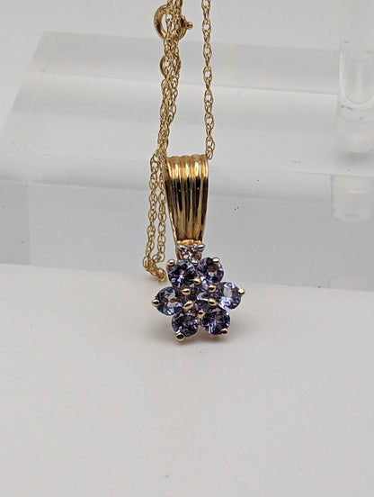 14k Yellow Gold Diamond Tanzanite Daisy Flower Pendant Necklace. 14k Tanzanite Flower Pendant + Chain. 14k Tanzanite Flower Necklace.