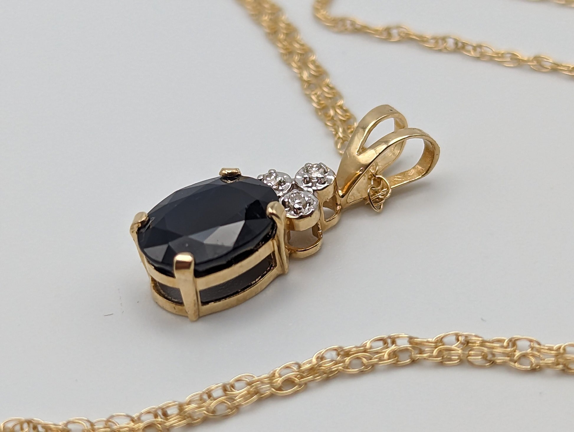 14k Gold Diamond Sapphire Pendant Necklace. 14k Yellow Gold Sapphire Necklace. Sapphire and Diamond Necklace.