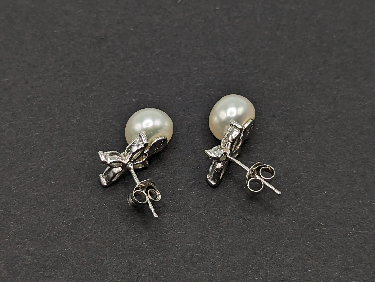 14k Pearl with CZ Earrings. 14k White Gold Pearl and Topaz Pierced Stud Earrings. Dainty Pearl Earrings.